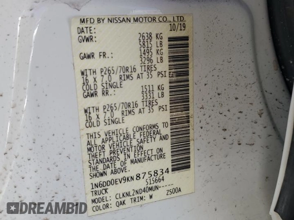 2019 Nissan Frontier SV z VIN 1N6DD0EV9KN875834, wystawiony jako Copart lot #48064255 z przebiegiem 40 628 mil mil oraz Szkoda całkowita • Salvage title. Historia ofert i sprzedaży dostępna na DreamBid. Obrazek 12.