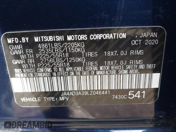 2020 Mitsubishi Outlander SE with VIN JA4AD3A39LZ046441, listed as a IAAI auction lot 41480147 with 46,066 mi miles and . Bid and sale history available at DreamBid. Image 9.