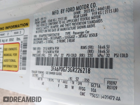 2016 Ford Fusion S with VIN 3FA6P0G73GR226218, listed as a IAAI auction lot 41708466 with 120,964 mi miles. Bid and sale history available at carsss.com. Image 9.