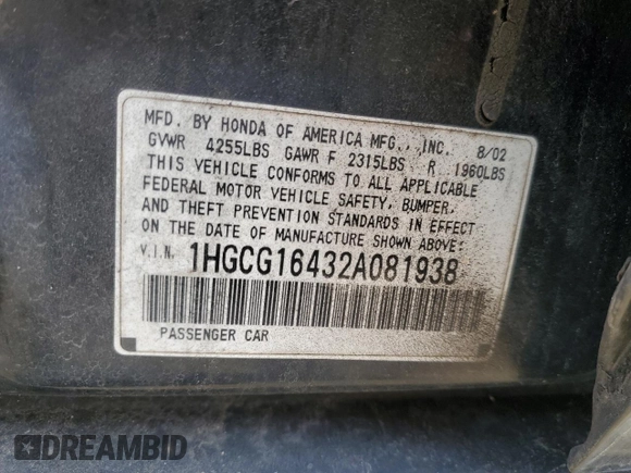 2002 Honda Accord LX z VIN 1HGCG16432A081938, wystawiony jako Copart lot #42334775 z przebiegiem Nie podano mil oraz Szkoda całkowita • Salvage title. Historia ofert i sprzedaży dostępna na DreamBid. Obrazek 13.