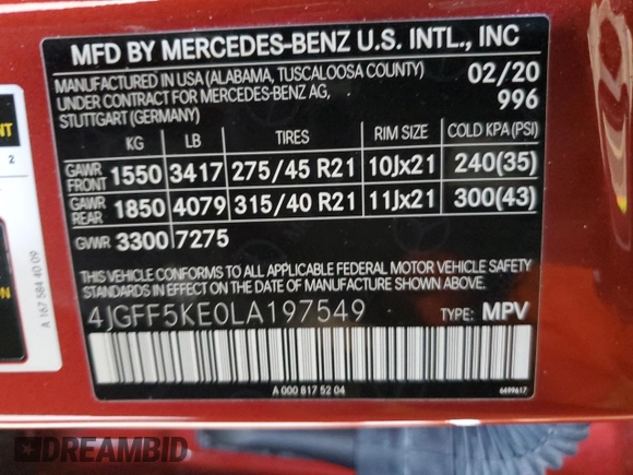 2020 Mercedes-Benz GLS 450 with VIN 4JGFF5KE0LA197549, listed as a Copart auction lot 55561644 with 17,726 mi miles and Salvage Title. Bid and sale history available at DreamBid. Image 13.