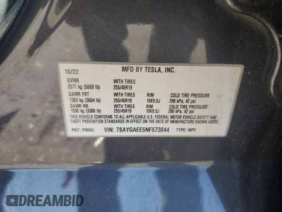 2022 Tesla Model Y Long Range z VIN 7SAYGAEE5NF573044, wystawiony jako Copart lot #49230835 z przebiegiem 41 220 mil mil oraz Szkody całkowita. Historia ofert i sprzedaży dostępna na DreamBid. Obrazek 15.