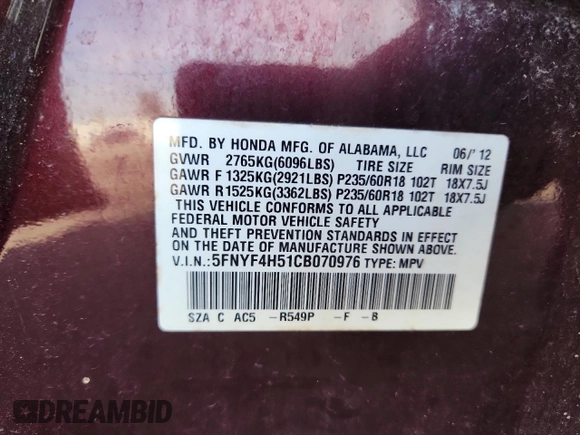2012 Honda Pilot EX-L z VIN 5FNYF4H51CB070976, wystawiony jako Copart lot #61381305 z przebiegiem 228 572 mil mil oraz Szkoda całkowita • Salvage title. Historia ofert i sprzedaży dostępna na DreamBid. Obrazek 12.