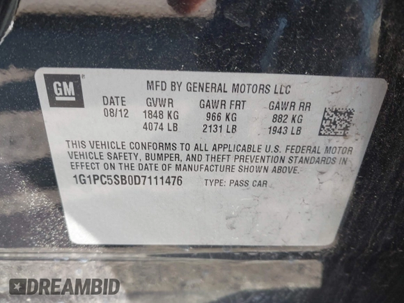 2013 Chevrolet Cruze 1LT with VIN 1G1PC5SB0D7111476, listed as a IAAI auction lot 42088469 with 70,581 mi miles and . Bid and sale history available at DreamBid. Image 9.