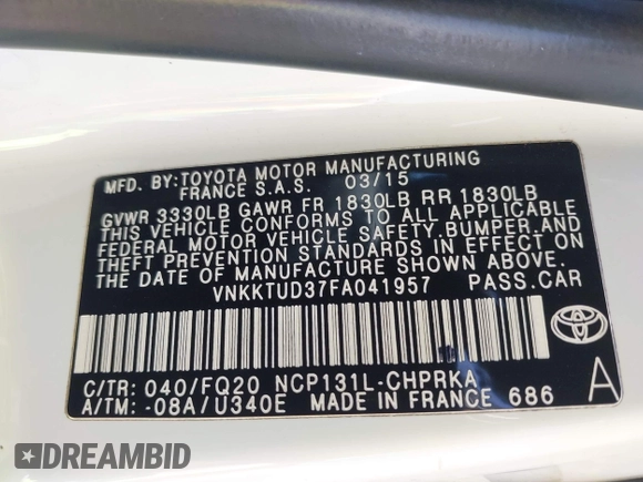 2015 Toyota Yaris L with VIN VNKKTUD37FA041957, listed as a IAAI auction lot 42106508 with 104,496 mi miles and . Bid and sale history available at DreamBid. Image 9.