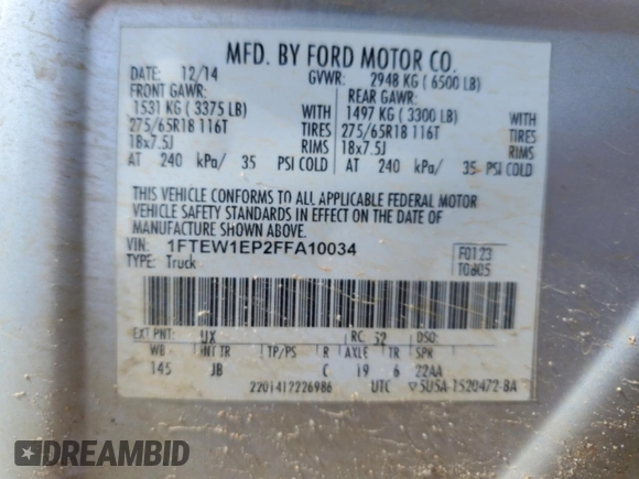 2015 Ford F-150 XLT with VIN 1FTEW1EP2FFA10034, listed as a Copart auction lot 52942855 with 151,266 mi miles and Clean title. Bid and sale history available at DreamBid. Image 14.
