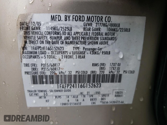 2006 Ford Five Hundred SEL with VIN 1FAFP24116G152623, listed as a Copart auction lot 54522795 with 168,175 mi miles and Salvage title. Bid and sale history available at DreamBid. Image 12.