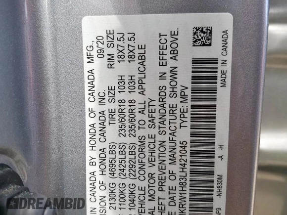 2020 Honda CR-V EX-L z VIN 2HKRW1H83LH421045, wystawiony jako Copart lot #60507375 z przebiegiem 33 592 mil mil oraz Szkoda całkowita • Salvage title. Historia ofert i sprzedaży dostępna na DreamBid. Obrazek 13.