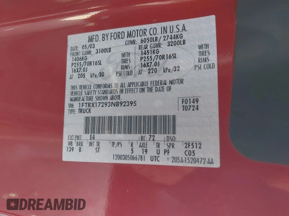 2003 Ford F-150 XL with VIN 1FTRX17293NB92395, listed as a IAAI auction lot 41885536 with 1 mi miles. Bid and sale history available at carsss.com. Image 9.