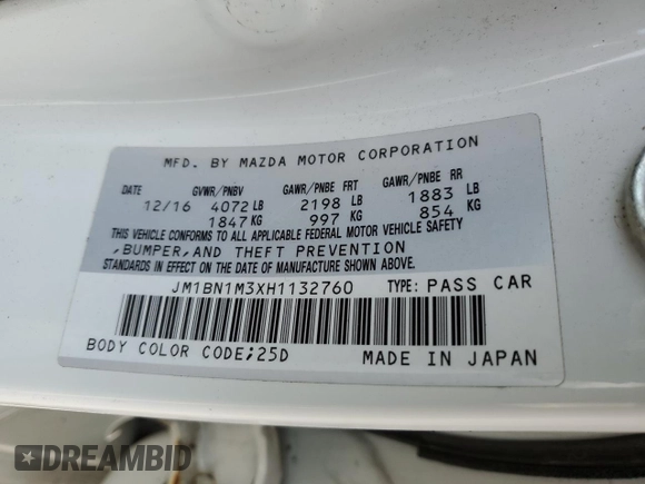 2017 Mazda 3 Grand Touring with VIN JM1BN1M3XH1132760, listed as a Copart auction lot 53936725 with 139,263 mi miles and Salvage Title. Bid and sale history available at DreamBid. Image 12.