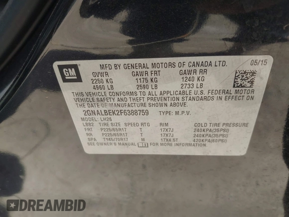 2015 Chevrolet Equinox LT with VIN 2GNALBEK2F6388759, listed as a IAAI auction lot 41933479 with 154,375 mi miles and . Bid and sale history available at DreamBid. Image 9.