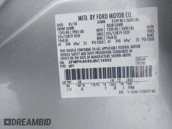 2018 Ford Edge Titanium with VIN 2FMPK4K89JBC14502, listed as a IAAI auction lot 41321136 with 143,052 mi miles. Bid and sale history available at carsss.com. Image 9.