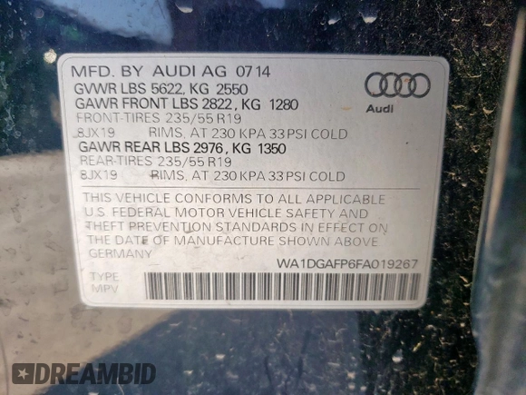 2015 Audi Q5 Premium Plus with VIN WA1DGAFP6FA019267, listed as a Copart auction lot 59321295 with 99,401 mi miles and Salvage title. Bid and sale history available at DreamBid. Image 13.
