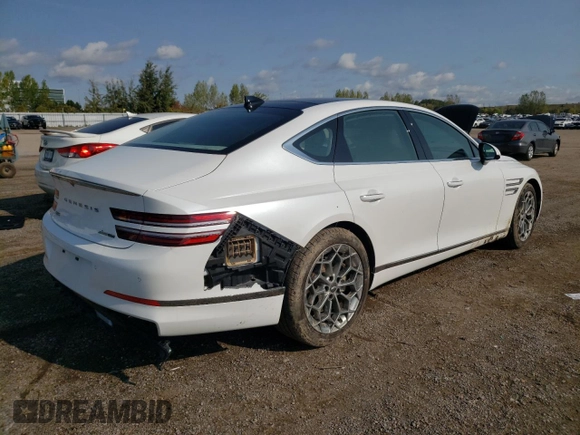 2023 Genesis G80 2.5T with VIN KMTGB4SC4PU144730, listed as a Copart auction lot 73025174 with 35,382 mi miles and Salvage Title. Bid and sale history available at carsss.com. Image 3.