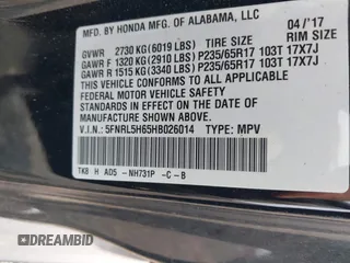 2017 Honda Odyssey EX-L with VIN 5FNRL5H65HB026014, listed as a IAAI auction lot 41719790 with 61,429 mi miles and . Bid and sale history available at DreamBid. Image 9.