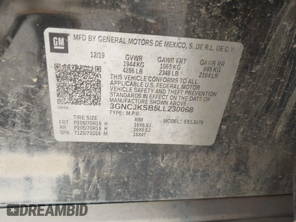 2020 Chevrolet Trax LS with VIN 3GNCJKSB5LL230068, listed as a IAAI auction lot 42390653 with 101,325 mi miles and . Bid and sale history available at DreamBid. Image 9.