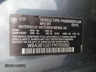 2015 BMW 3 Series 320i with VIN WBA3B1G51FNT05062, listed as a Copart auction lot 45186205 with 74,388 mi miles and Salvage Title. Bid and sale history available at carsss.com. Image 14.