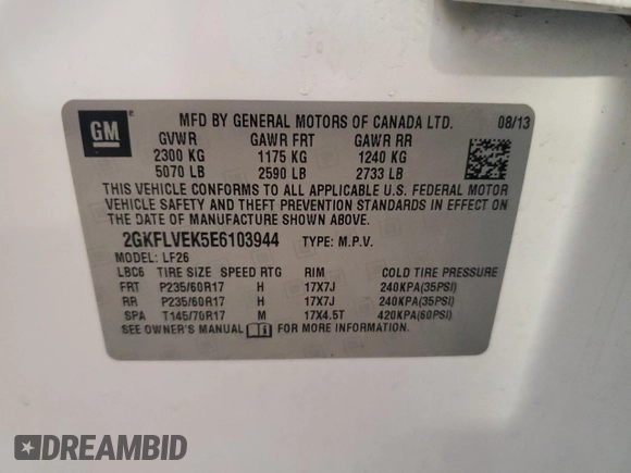 2014 GMC Terrain SLE with VIN 2GKFLVEK5E6103944, listed as a Copart auction lot 81056684 with 75,459 mi miles and Salvage Title. Bid and sale history available at carsss.com. Image 13.