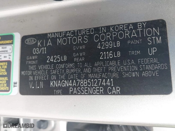 2011 Kia Optima EX with VIN KNAGN4A78B5127441, listed as a IAAI auction lot 41995129 with 57,145 mi miles. Bid and sale history available at carsss.com. Image 9.