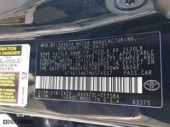 2021 Toyota Camry SE Nightshade with VIN 4T1G11AK7MU574557, listed as a IAAI auction lot 41111326 with 103,019 mi miles. Bid and sale history available at carsss.com. Image 9.