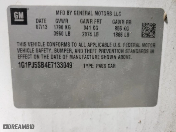 2014 Chevrolet Cruze ECO with VIN 1G1PJ5SB4E7133049, listed as a Copart auction lot 89027605 with 0 mi miles and Salvage Title. Bid and sale history available at carsss.com. Image 14.