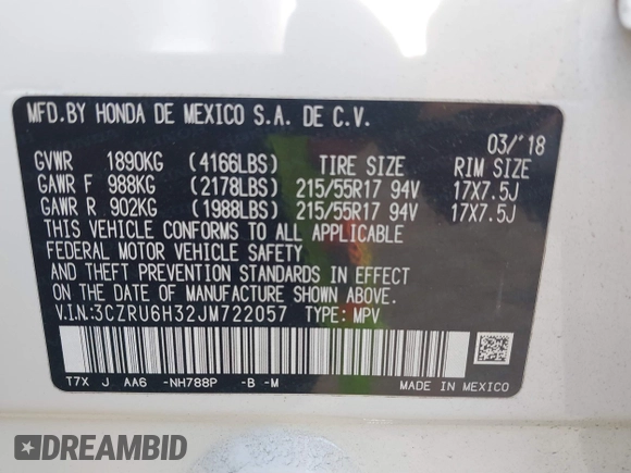 2018 Honda HR-V LX with VIN 3CZRU6H32JM722057, listed as a IAAI auction lot 41804600 with 100,468 mi miles. Bid and sale history available at carsss.com. Image 9.