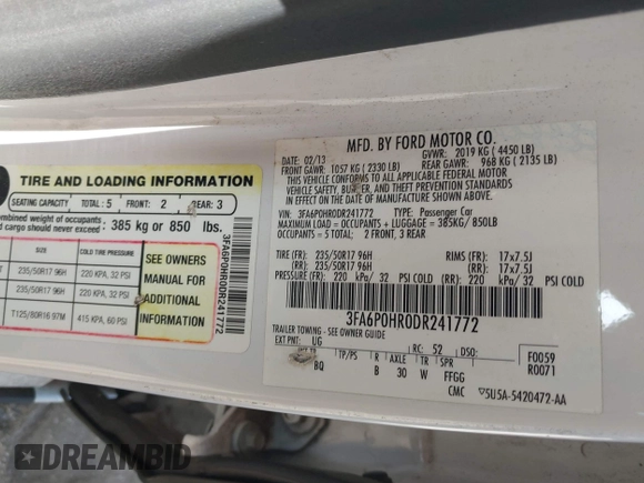 2013 Ford Fusion SE with VIN 3FA6P0HR0DR241772, listed as a IAAI auction lot 42485955 with 176,611 mi miles and . Bid and sale history available at DreamBid. Image 9.