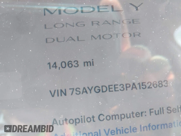 2023 Tesla Model Y Long Range with VIN 7SAYGDEE3PA152683, listed as a IAAI auction lot 41798988 with 14,063 mi miles and . Bid and sale history available at carsss.com. Image 7.