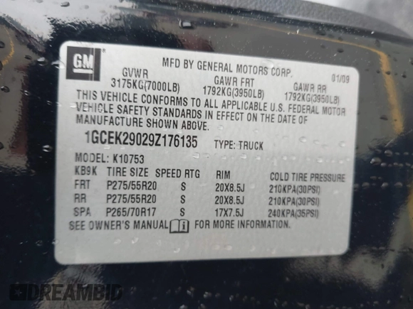 2009 Chevrolet Silverado 1500 LT with VIN 1GCEK29029Z176135, listed as a IAAI auction lot 41829053 with 191,084 mi miles and . Bid and sale history available at DreamBid. Image 9.