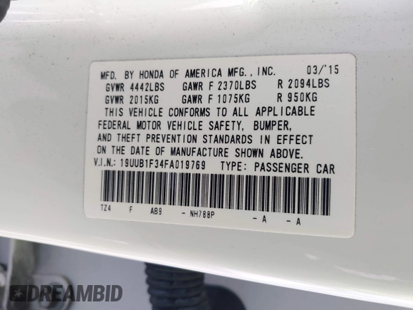 2015 Acura TLX with VIN 19UUB1F34FA019769, listed as a IAAI auction lot 41909731 with 93,254 mi miles. Bid and sale history available at carsss.com. Image 9.