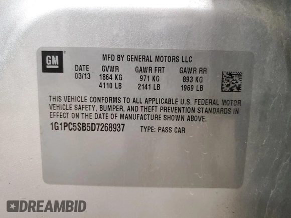 2013 Chevrolet Cruze 1LT with VIN 1G1PC5SB5D7268937, listed as a Copart auction lot 53696145 with 181,328 mi miles and Non Repairable. Bid and sale history available at carsss.com. Image 12.