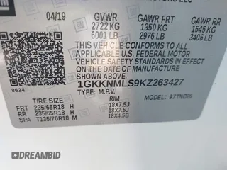 2019 GMC Acadia SLT with VIN 1GKKNMLS9KZ263427, listed as a IAAI auction lot 42628327 with 81,135 mi miles and . Bid and sale history available at DreamBid. Image 9.