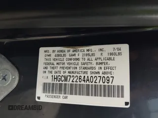 2004 Honda Accord LX z VIN 1HGCM72264A027097, wystawiony jako IAAI lot #42369336 z przebiegiem 177 545 mil mil oraz . Historia ofert i sprzedaży dostępna na DreamBid. Obrazek 9.