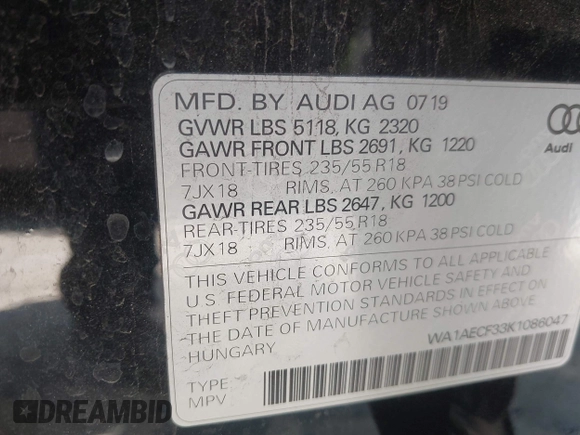 2019 Audi Q3 Premium with VIN WA1AECF33K1086047, listed as a IAAI auction lot 41905218 with 51,802 mi miles. Bid and sale history available at carsss.com. Image 9.