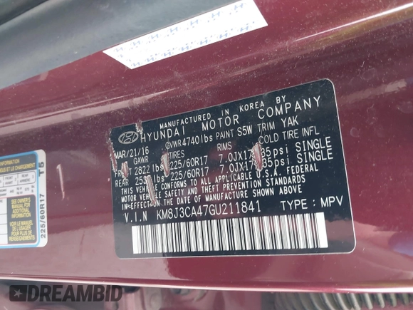 2016 Hyundai Tucson SE z VIN KM8J3CA47GU211841, wystawiony jako IAAI lot #42465483 z przebiegiem 140 666 mil mil oraz . Historia ofert i sprzedaży dostępna na DreamBid. Obrazek 9.