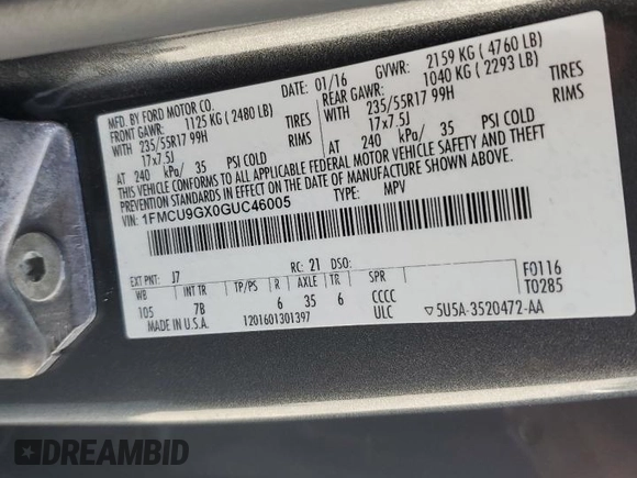 2016 Ford Escape SE with VIN 1FMCU9GX0GUC46005, listed as a Copart auction lot 53975955 with 124,994 mi miles and Salvage Title. Bid and sale history available at DreamBid. Image 13.