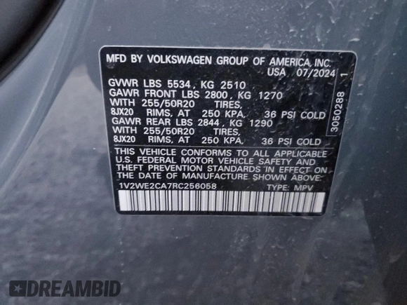 2024 Volkswagen Atlas SE z VIN 1V2WE2CA7RC256058, wystawiony jako Copart lot #48243165 z przebiegiem 2 227 mil mil oraz Szkoda całkowita • Salvage title. Historia ofert i sprzedaży dostępna na DreamBid. Obrazek 13.