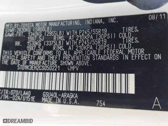 2012 Toyota Highlander Limited with VIN 5TDYK3EH2CS050221, listed as a IAAI auction lot 41663898 with 205,714 mi miles. Bid and sale history available at carsss.com. Image 9.