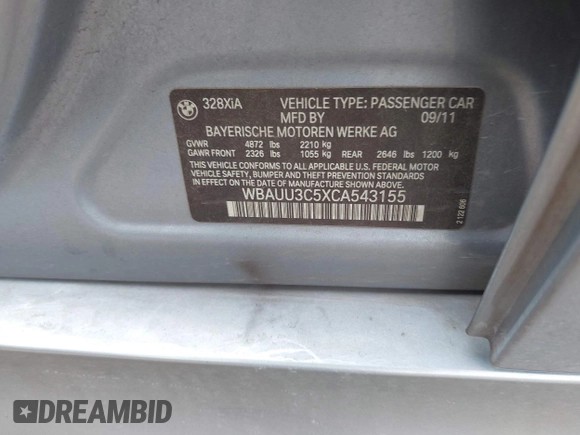 2012 BMW 3 Series 328i xDrive with VIN WBAUU3C5XCA543155, listed as a IAAI auction lot 42055373 with 192,198 mi miles and . Bid and sale history available at DreamBid. Image 9.