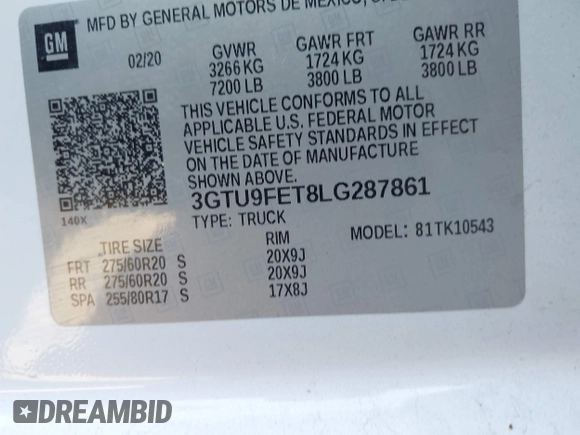 2020 GMC Sierra 1500 Denali with VIN 3GTU9FET8LG287861, listed as a IAAI auction lot 40678227 with 155,333 mi miles and . Bid and sale history available at carsss.com. Image 9.