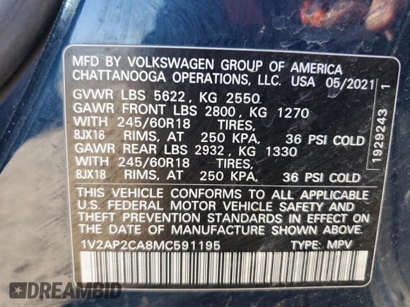 2021 Volkswagen Atlas S with VIN 1V2AP2CA8MC591195, listed as a Copart auction lot 43898235 with 51,443 mi miles and Salvage title. Bid and sale history available at DreamBid. Image 14.