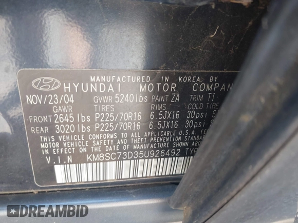 2005 Hyundai Santa Fe GLS with VIN KM8SC73D35U926492, listed as a IAAI auction lot 42131446 with 177,553 mi miles. Bid and sale history available at carsss.com. Image 9.