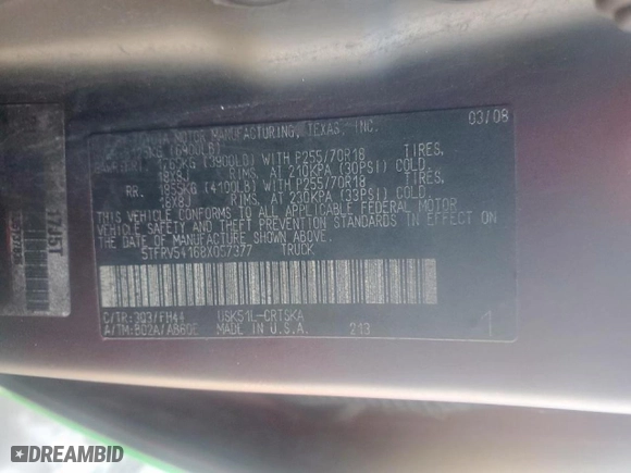 2008 Toyota Tundra 2WD Truck with VIN 5TFRV54168X057377, listed as a Copart auction lot 46912835 with NaN miles and Clean Title. Bid and sale history available at carsss.com. Image 12.