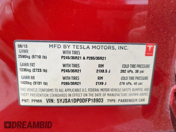 2013 Tesla Model S Performance с VIN 5YJSA1DP0DFP18903, выставлен на аукционе Copart как лот 57621765 с пробегом 120 002 миль миль и Списание • Salvage title. История ставок и продаж доступна на DreamBid. Изображение 13.