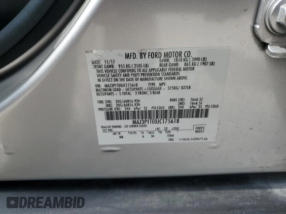 2018 Ford EcoSport SE with VIN MAJ3P1TE0JC175618, listed as a Copart auction lot 54233655 with 124,033 mi miles and Salvage title. Bid and sale history available at DreamBid. Image 14.