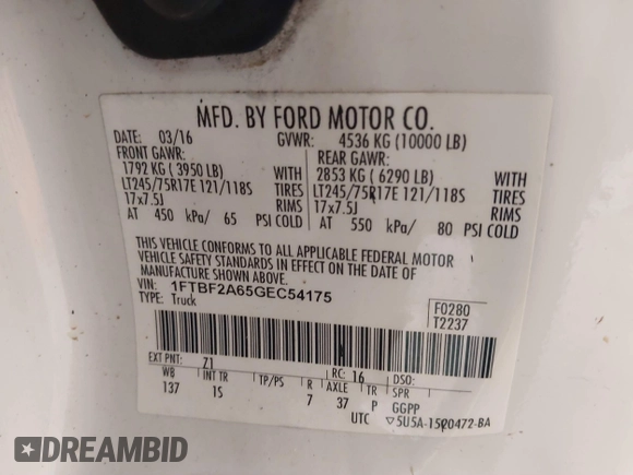 2016 Ford F-250 XL with VIN 1FTBF2A65GEC54175, listed as a IAAI auction lot 39594900 with 158,356 mi miles and . Bid and sale history available at DreamBid. Image 9.