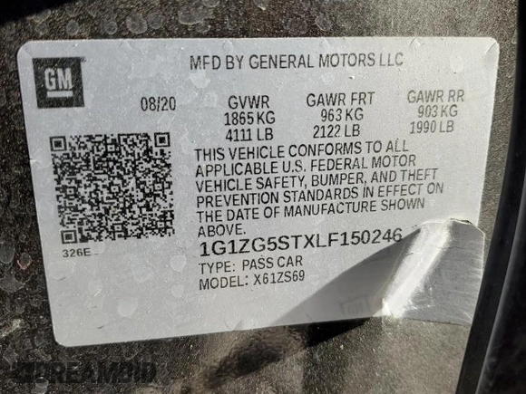 2020 Chevrolet Malibu RS with VIN 1G1ZG5STXLF150246, listed as a Copart auction lot 49926245 with 38,108 mi miles and Non Repairable. Bid and sale history available at DreamBid. Image 12.