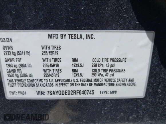 2024 Tesla Model Y with VIN 7SAYGDED2RF040745, listed as a IAAI auction lot 41986613 with 9,778 mi miles and . Bid and sale history available at DreamBid. Image 9.