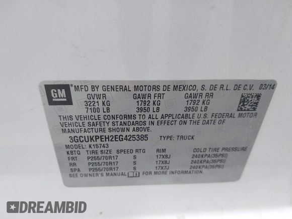 2014 Chevrolet Silverado 1500 Work Truck with VIN 3GCUKPEH2EG425385, listed as a IAAI auction lot 42041335 with 51,453 mi miles and . Bid and sale history available at DreamBid. Image 9.