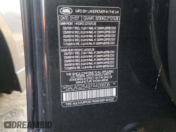 2007 Land Rover LR3 HSE with VIN SALAG25497A428606, listed as a Copart auction lot 73870884 with Not provided miles and Salvage title. Bid and sale history available at DreamBid. Image 14.